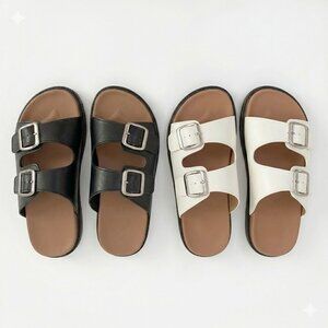 Women's Double Buckle Slide Sandals - Classic Two Strap Adjustable Slip On Flat